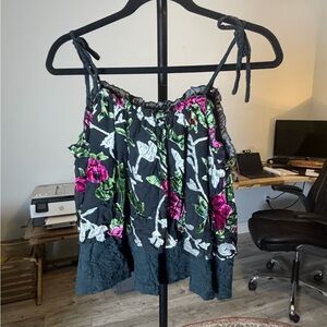 POL Floral Tie-Strap Tank Top in Black with Pink Roses